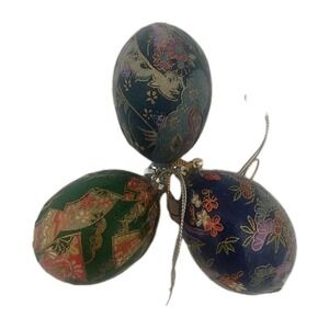 3 Vintage Handmade Floral Egg Decopage Christmas Ornaments 2.5 In